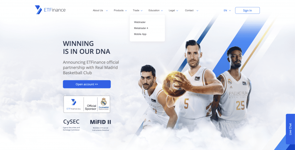 ETFinance website screenshot featuring official partnership with Real Madrid Basketball Club